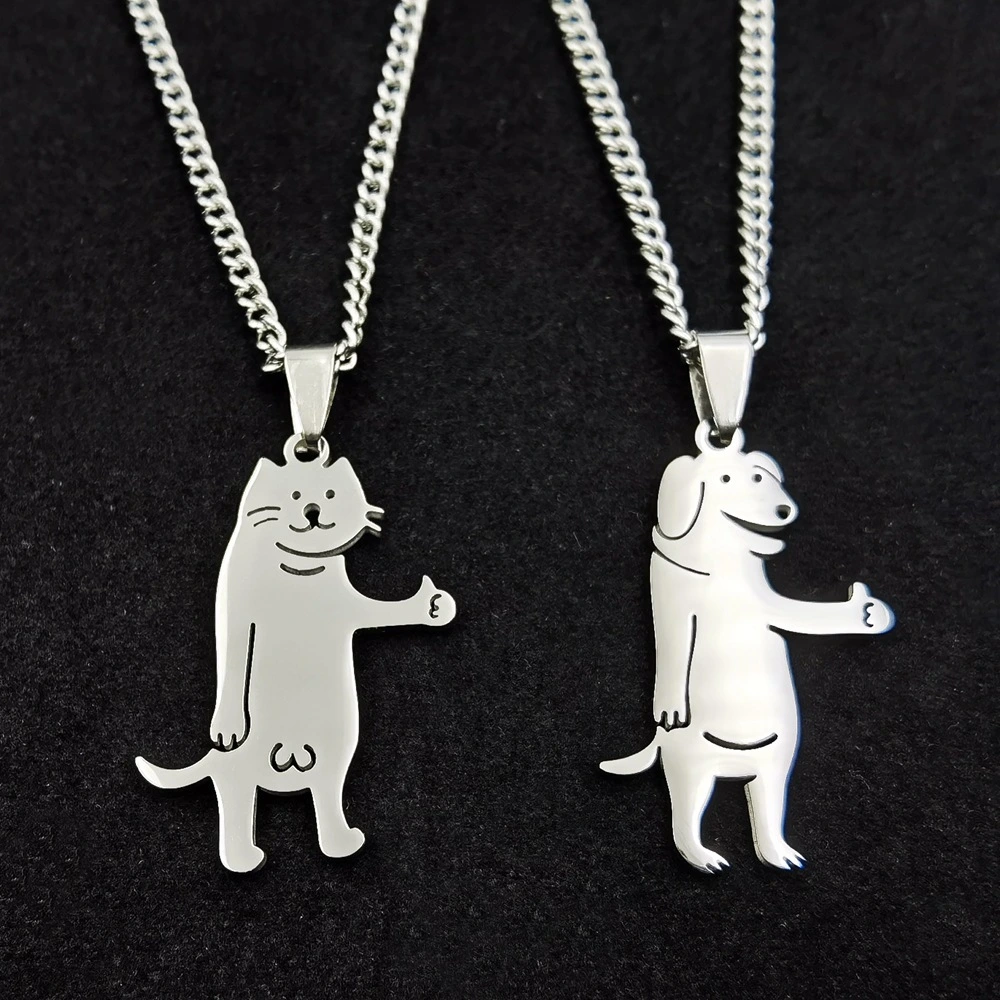 Thumbs Up Dogs And Cats Stainless Steel Cartoon Funny Necklace Sweater Chain Titanium Steel Pendant