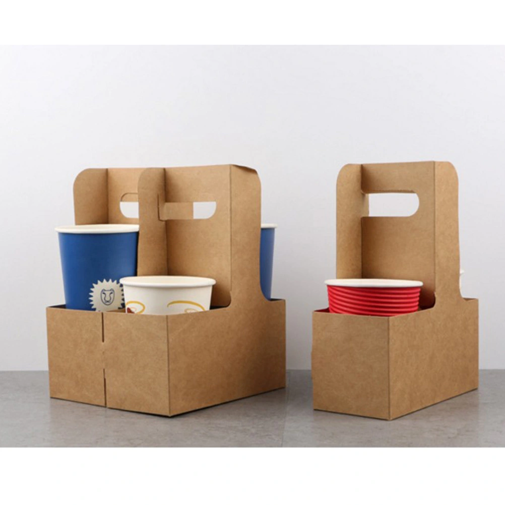 5pcs Disposable Kraft Paper Cup Holder Coffee Drink Tray with Handle