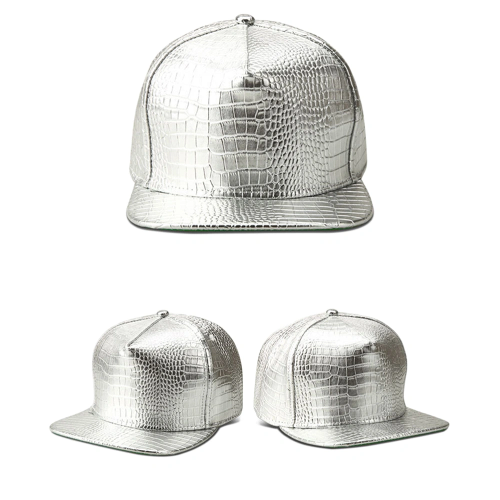 Unisex Crocodile Baseball Caps PU Leather Adjustable Hip Hop Flat Brim Hats Snapback (Silver)