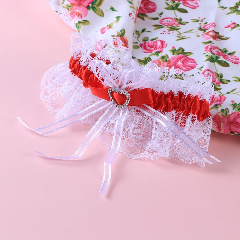 Bridal Garters Beautiful Lace Rhinestone Garters Heart-Shaped Decor Garters for Woman Lady Female (Red)