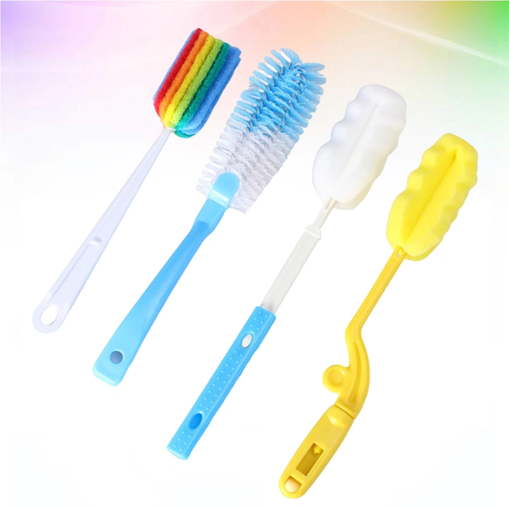 4pcs in 1 Set Long Handle Cup Brush Sponge Cup Bottle Wash Brush for Glass Feeding Bottle Cleaning (Assorted Color)