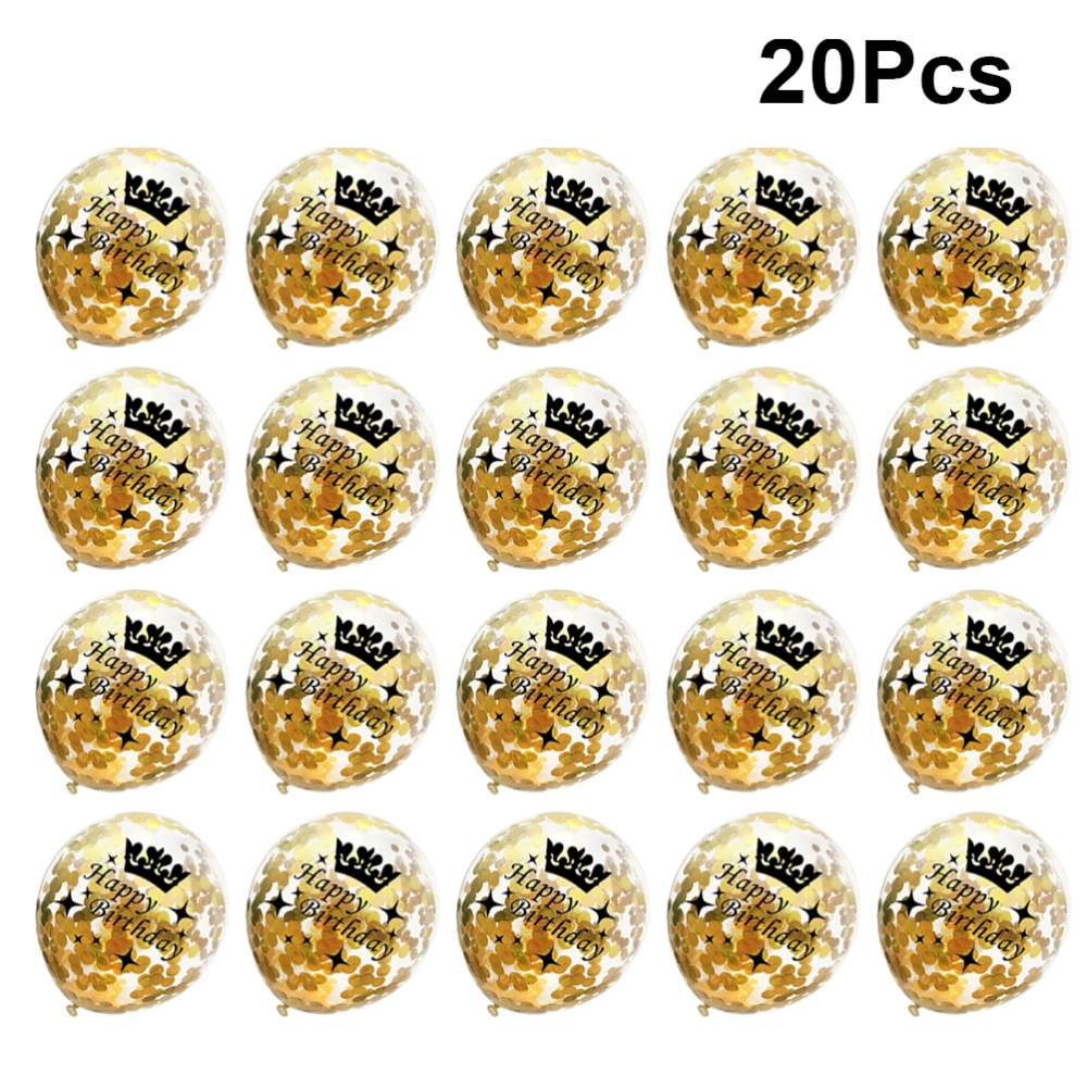 20pcs Printed Balloon Crown Latex Balloon Confetti Balloon Decor (Happy Birthday, Golden Sequins)