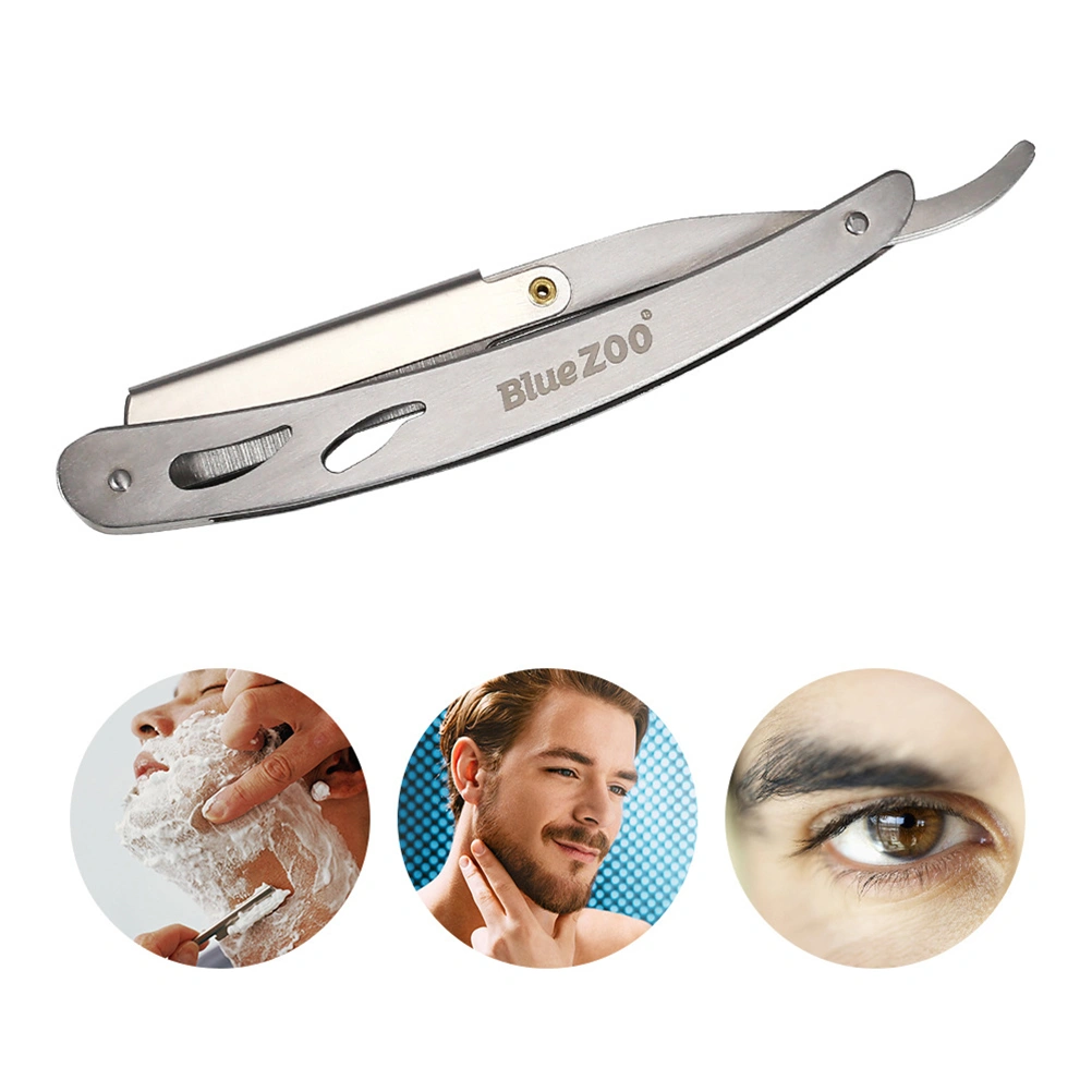 Retro Foldable Barber Shaver Male Beard Stainless Steel Straight Shaving Razor with Razor (Silver)