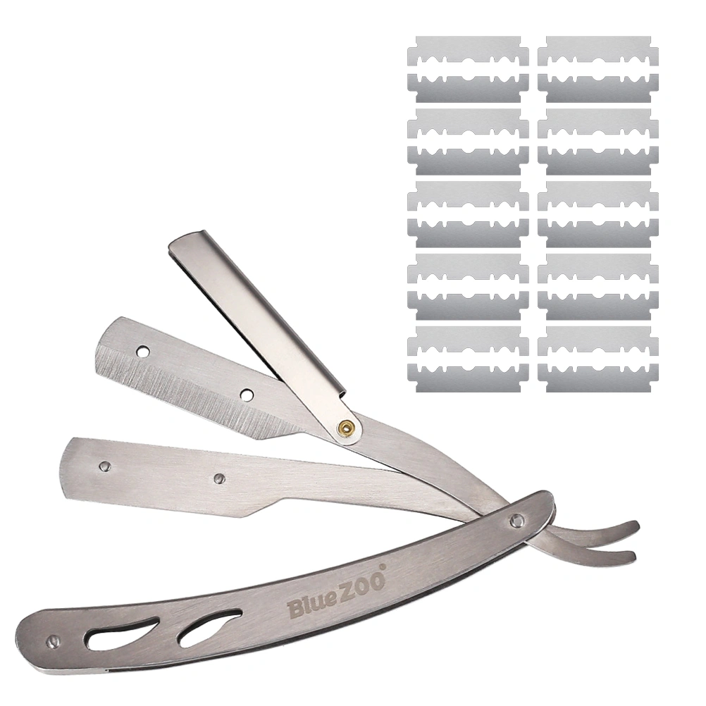 Retro Foldable Barber Shaver Male Beard Stainless Steel Straight Shaving Razor with Razor (Silver)