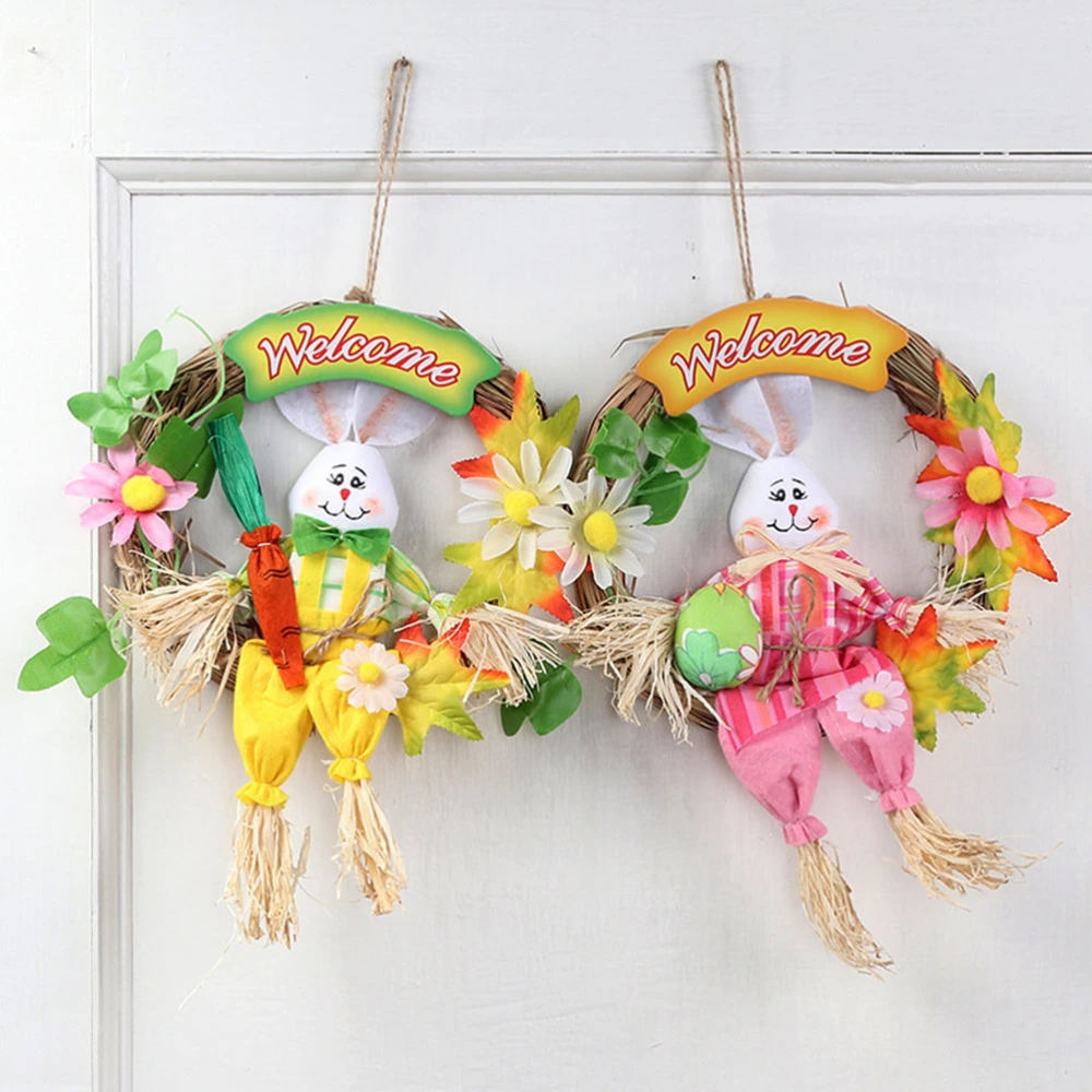 Rattan Garland with Harvest Scarecrow Sitting on it Floral Hanging Decoraiton for Easter(Pink)