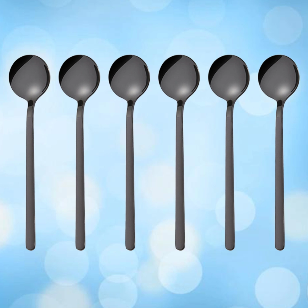 6 Pcs 13CM Stainless Steel Round Spoon Mini Long Handle Teaspoons Coffee Stirring Spoon for Coffee Sugar Dessert (Short, Black)