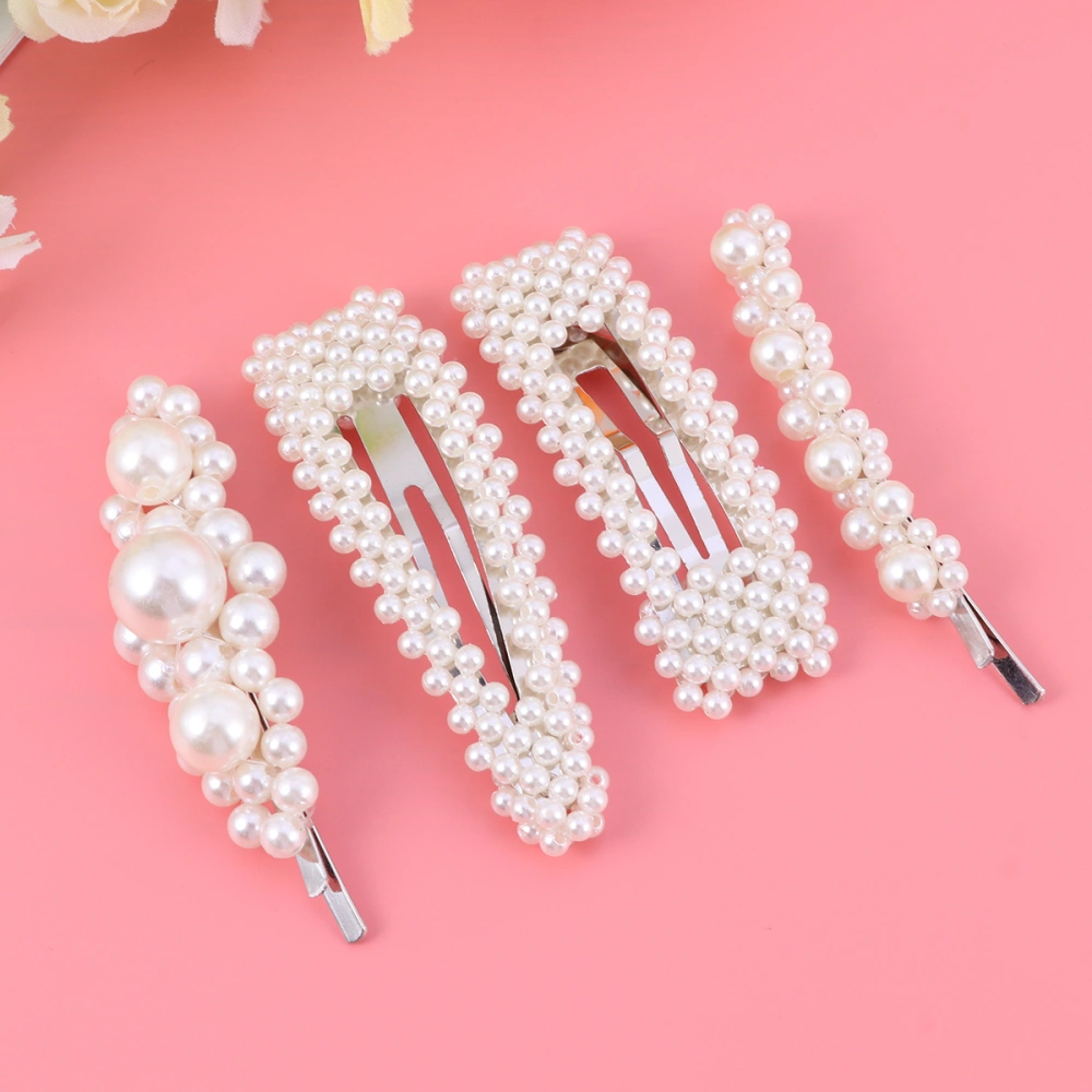 4pcs Pearl Hairpin Hair Clips Bobby Pin for Ladies and Girls (1pc Small Clip + Large Clip + Droplet BB Clip + Square BB Clip) (White)