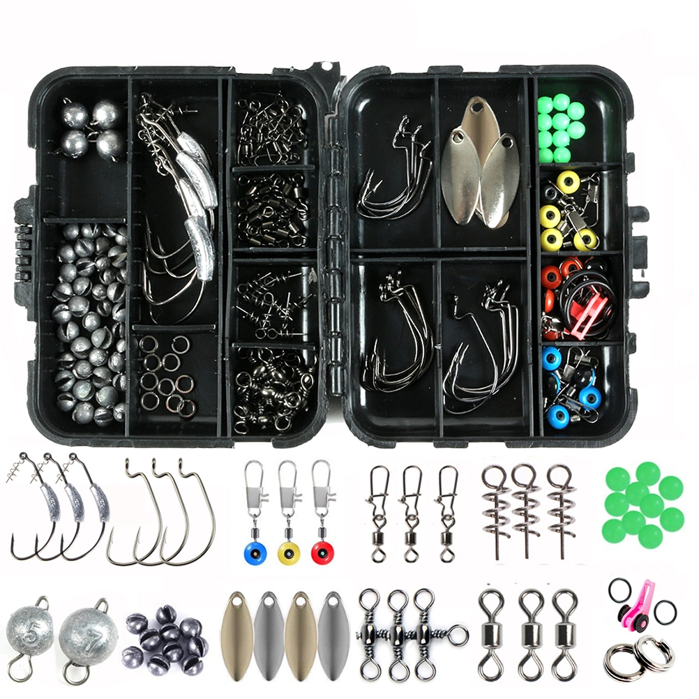 155pcs Fishing Tackle Accessories Kit Swivels Snaps Hooks Lead Sinkers Beads Box Set for Carp