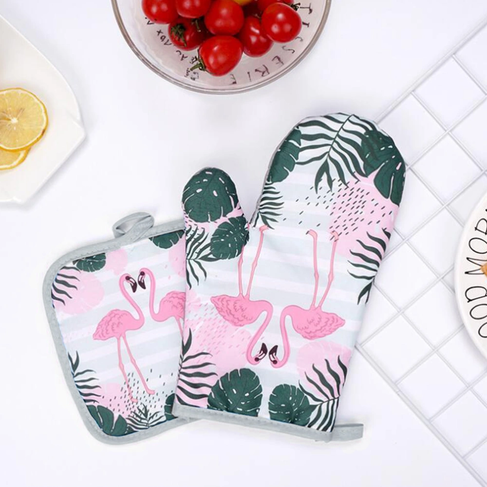 2 Pcs Heat Resistant Oven Mitts and Mat Thicken Anti-scald Glove and Pad Flamingo Printed Baking Protective Glove Mat for Home Kitchen Cooking Baking