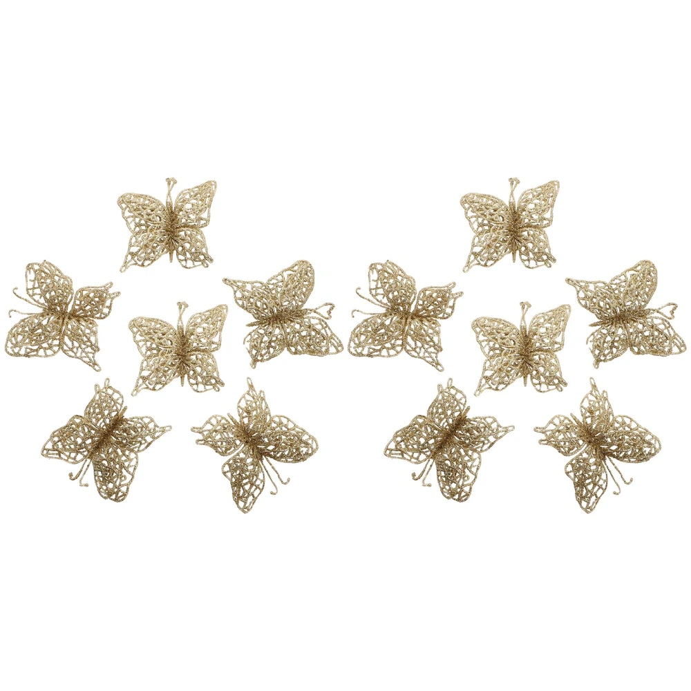 12Pcs Christmas Gold Powder Hollow Butterflies Decorative Pendants for Xmas Tree