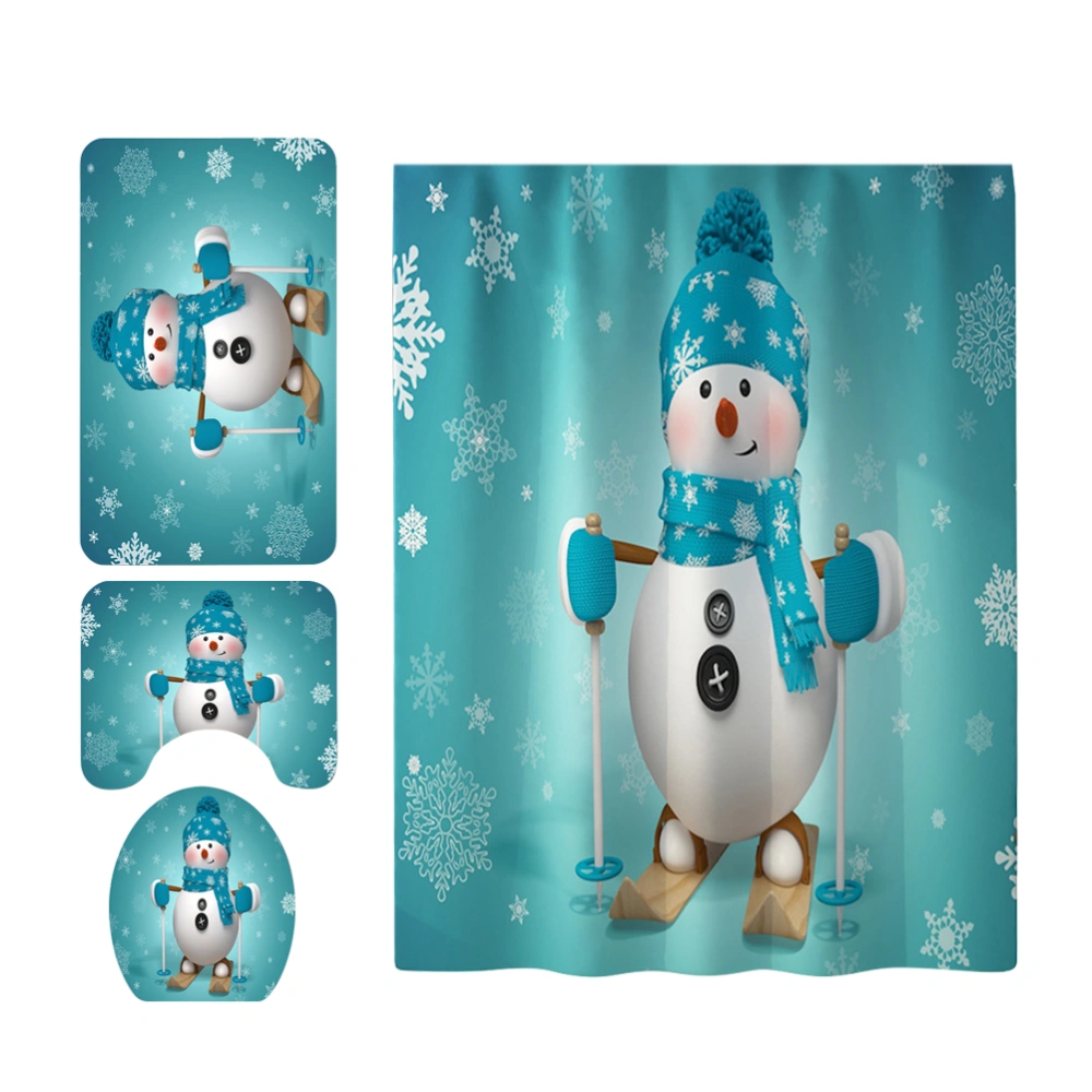 4PCS Christmas Printing 4 in 1 Shower Curtain Bathroom Pads Set Anti-slip Carpets Mat Waterproof Snowman Shower Curtain Toilet Seat Lid Cover