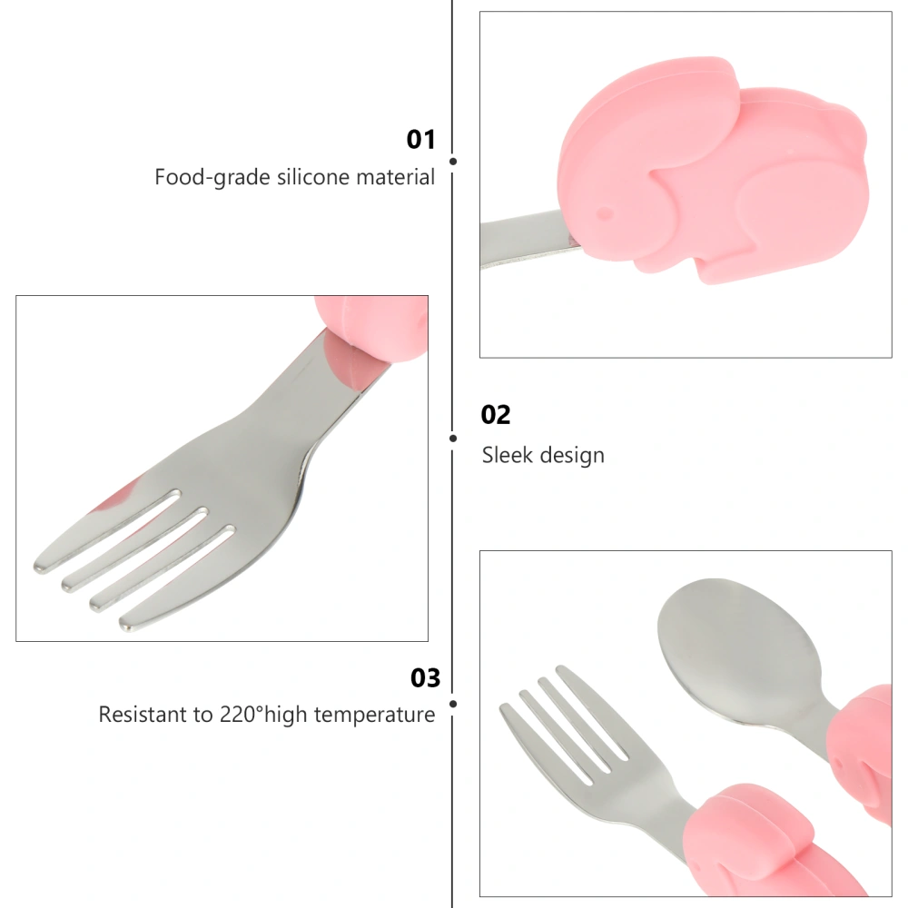 2Pcs Baby Tableware Silicone Stainless Steel Cartoon Spoon Fork Tableware