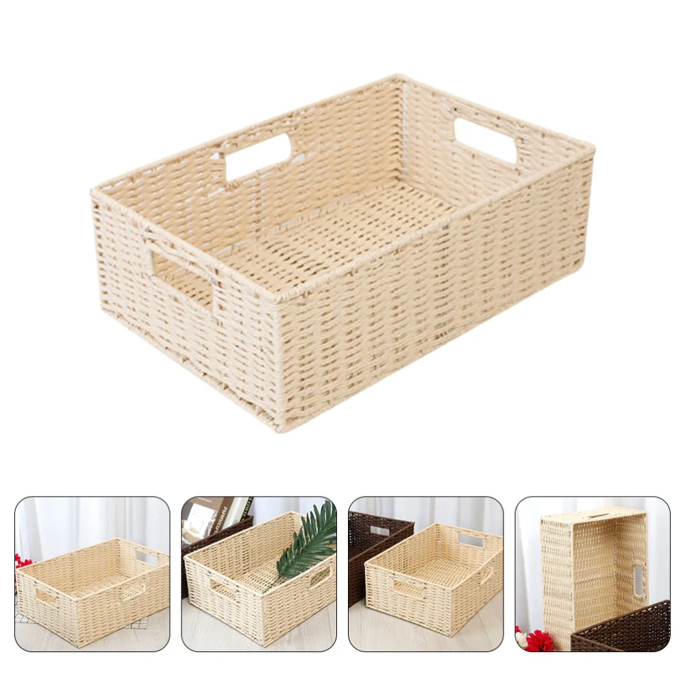 1Pc Rattan Woven Sundries Storage Basket Home Handheld Clothes Container Beige