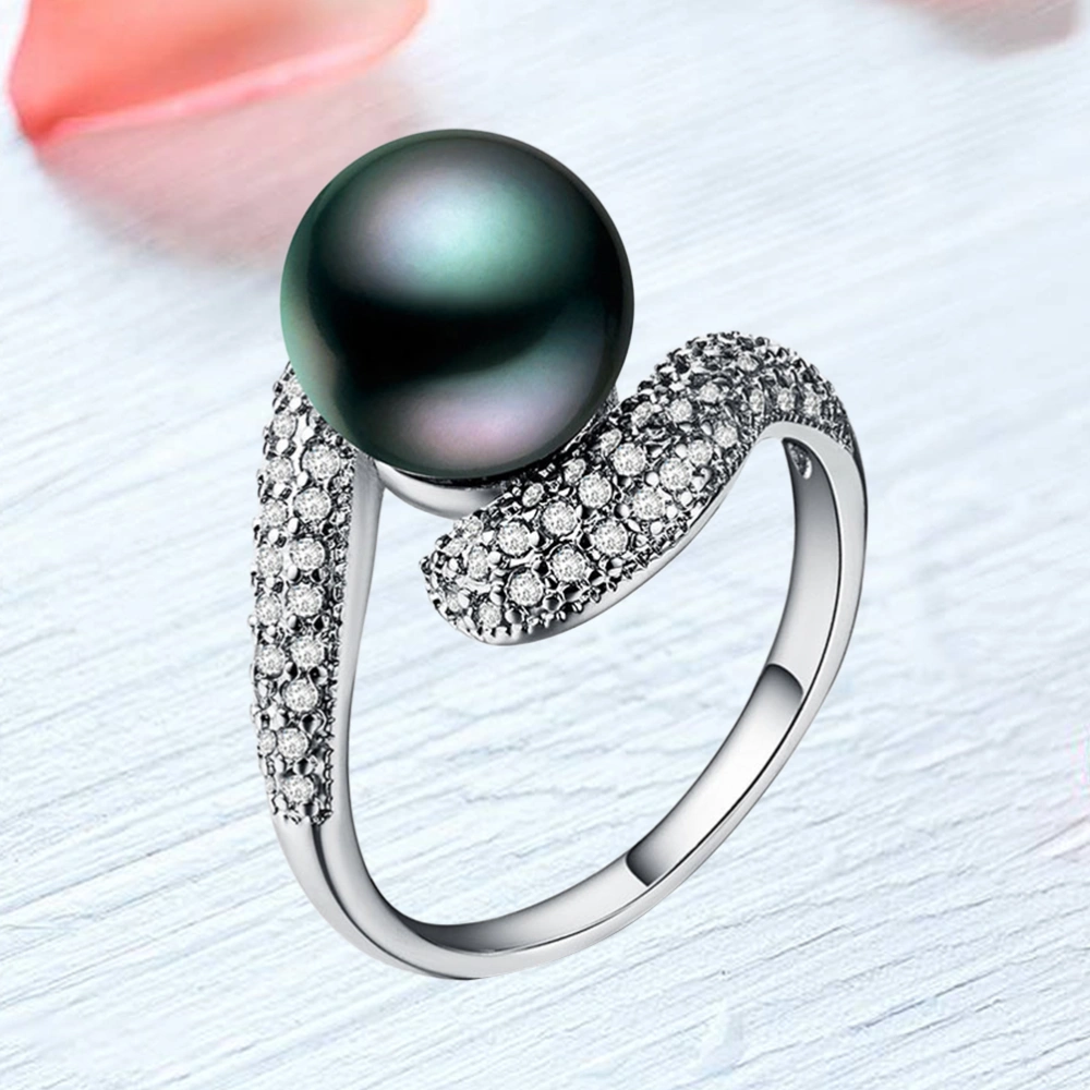 Natural Freshwater Pearl Ring Women Fashion Zircon Ring Wedding Jewelry(Black,Number 8)