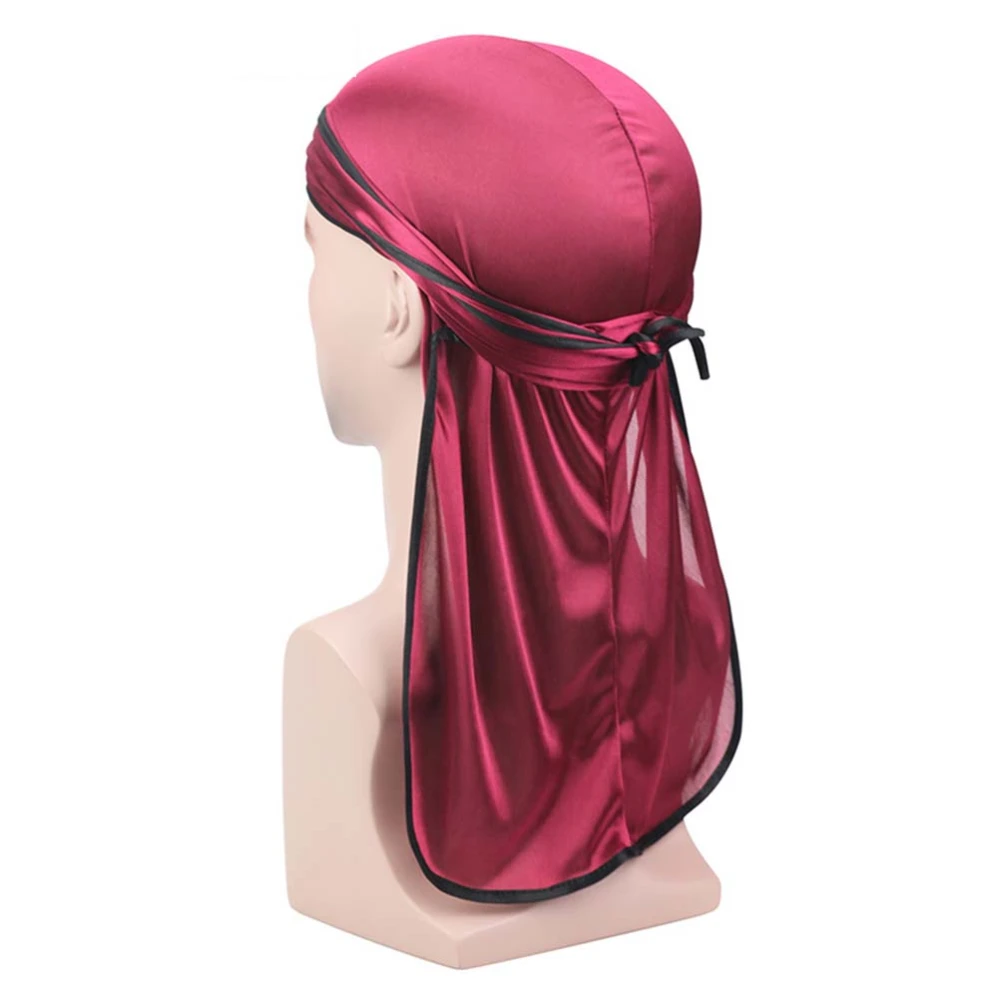 2pcs Silky Turban Head Headscarf Long Tail Pirate Hat Headdress for Outdoor Sports (Wine Red with Black + Royalblue)