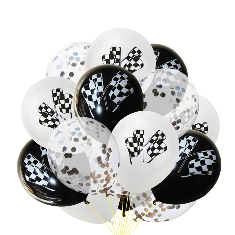 15 Pcs Party Balloons Black and White Racing Flag Sequin Confetti Balloons Inflatable Balloons (5 Pcs White + 5 Pcs Black + 5 Pcs Silver Confetti Balloons)