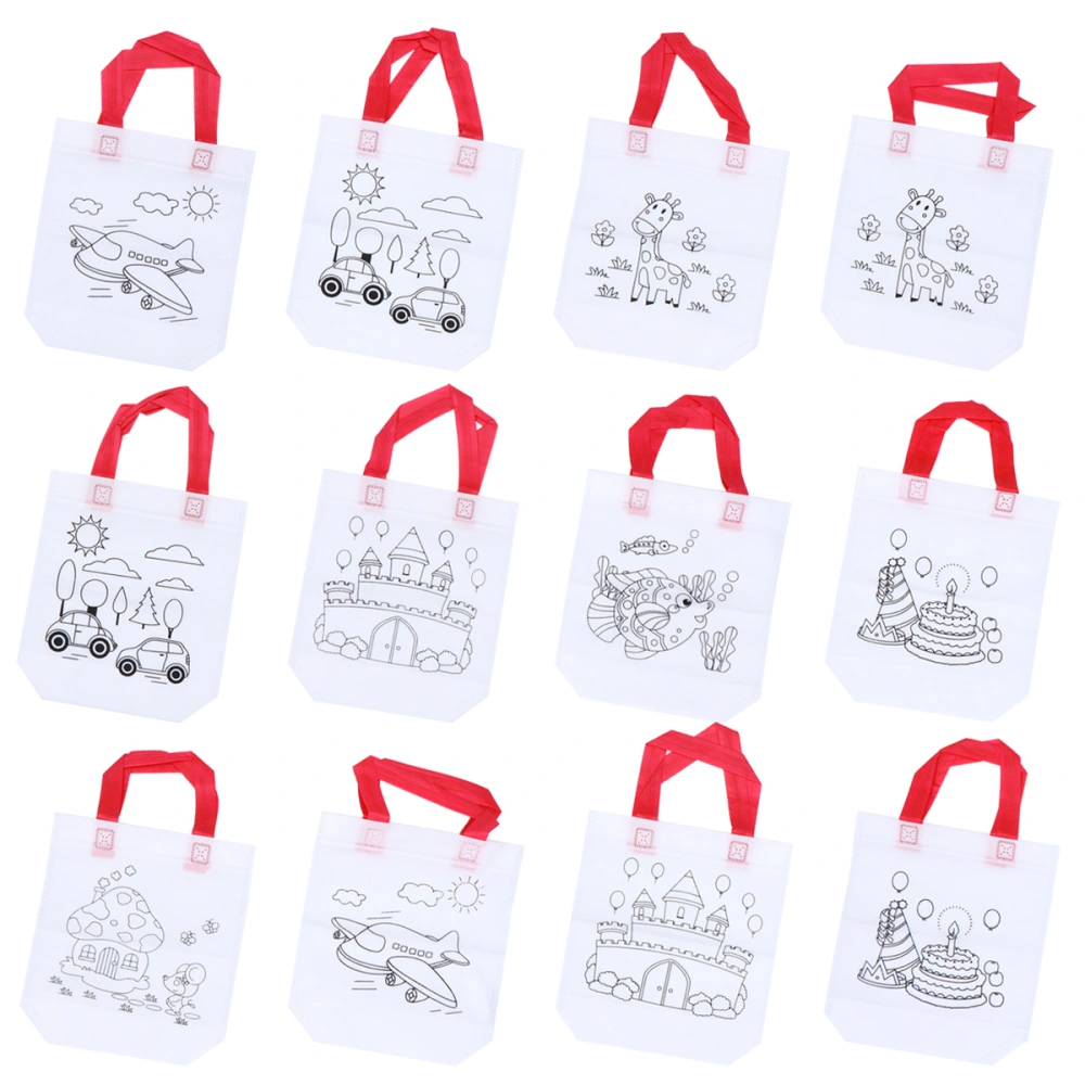 12pcs DIY Graffiti Tote Bag Drawing Handbag Reusable Non-Woven Coloring Storage Bags for Kids Children (Mixed Style, without Pen)