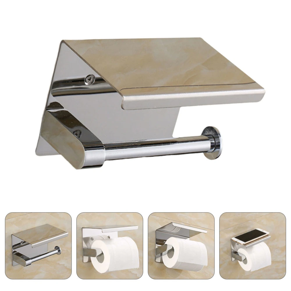 Roll Paper Holder Stainless Steel Paper Holder Storage Shelf Cellphone Storage Rack Toilet Tissue Holder Silver