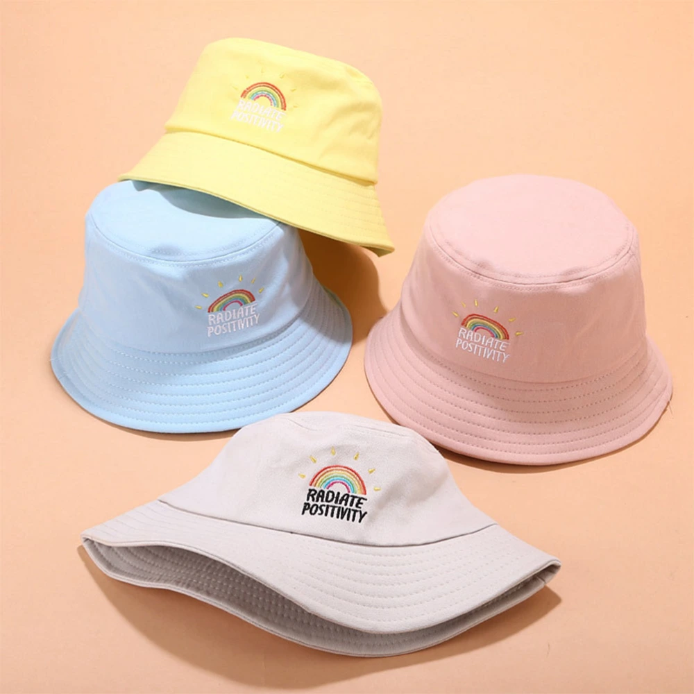 Collapsible Sun Hat Rainbow Embroidery Bucket Hat Outdoor Beach Sun Protection Fisherman Hat (Yellow)