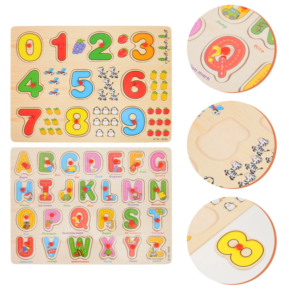 2 Sets of Cartoon Digital Puzzle Toys Wooden Number Puzzle Playthings for Kids
