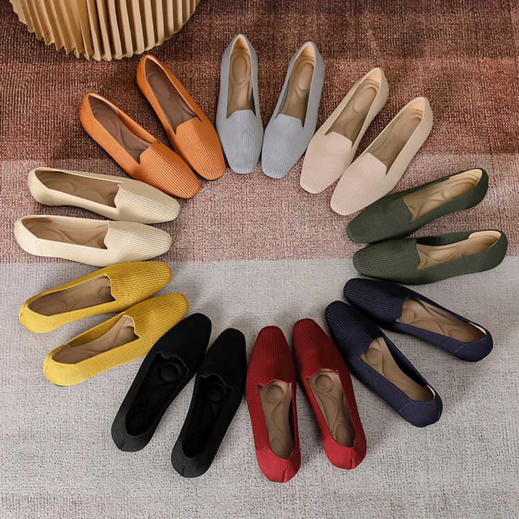 Square Toe Flat Bottom Knitted Shoes Flying Woven Peas Shoes