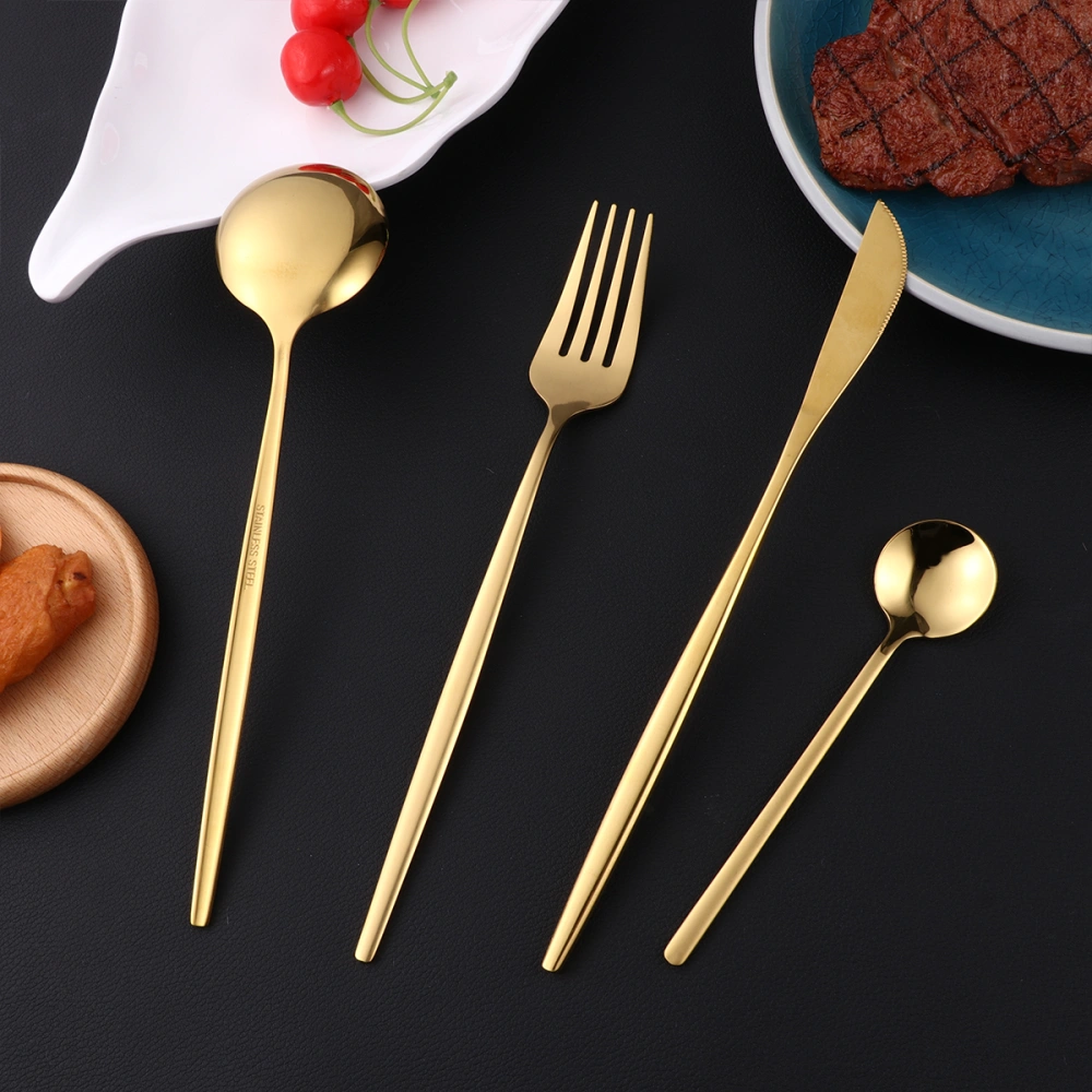 4pcs of One Set Portable Flatware Stainless Steel Steak Eating Cutlery Fork Spoons Steak for Home Camping Outdoor (Golden)