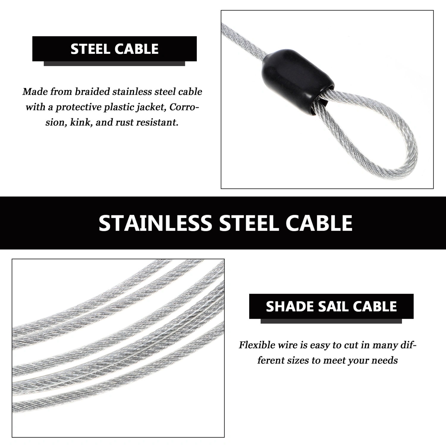 3Pcs 2M Durable Steel Long Roll of 50 Meters Hard Sturdy Steel Wire Rope