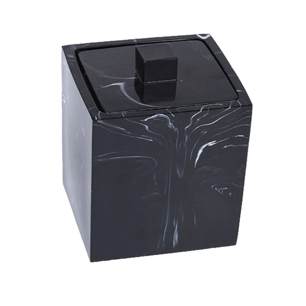 Resin Marble Texture Cotton Swabs Storage Box with Lid Dustproof Toothpick Canister Organizer for Cosmetic Home (Black)