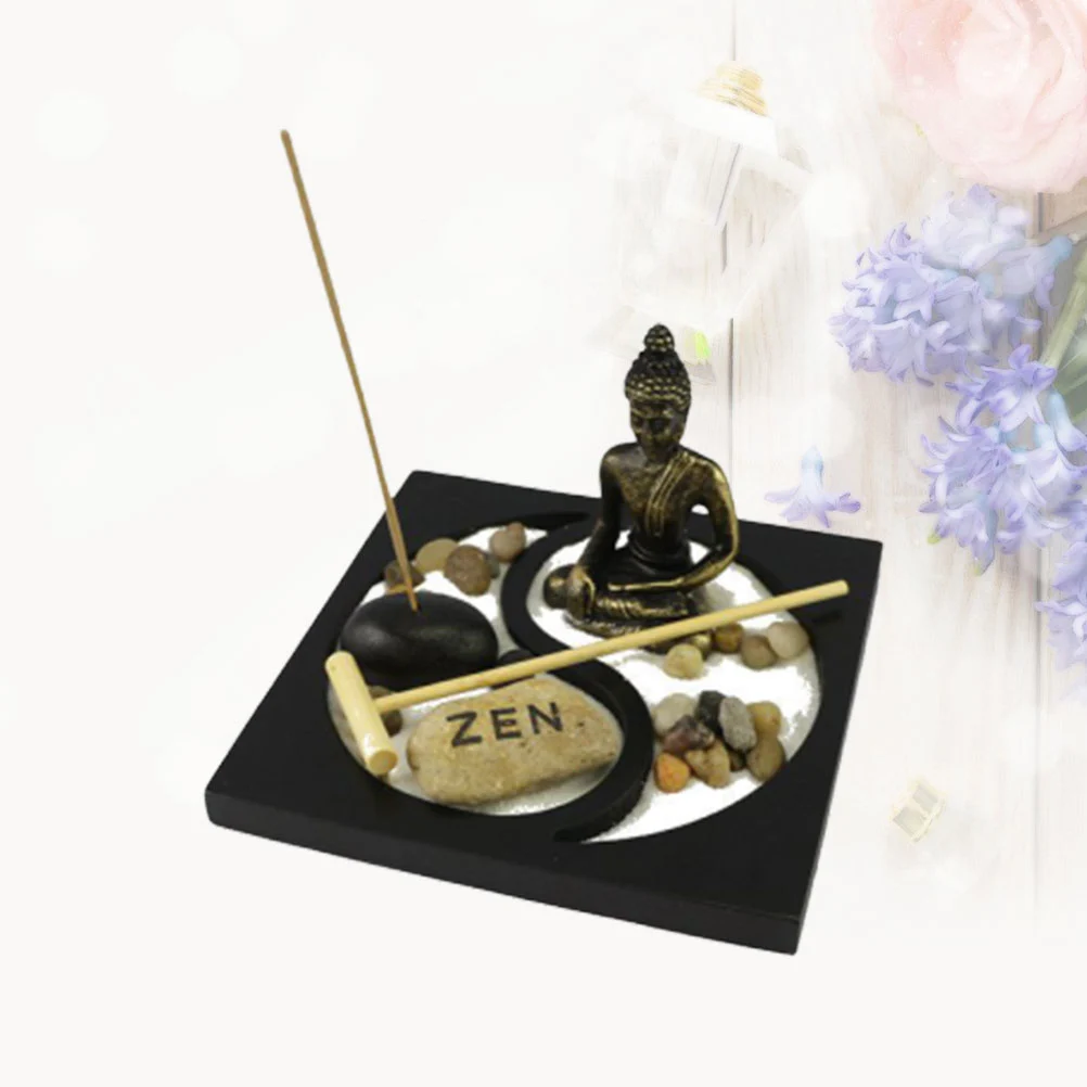 Buddha Statue Peaceful Feeling Meditation Zen Garden Office Desktop Mini Zen Garden Decorative Sand Tray For Home Office (Random Color Rake)