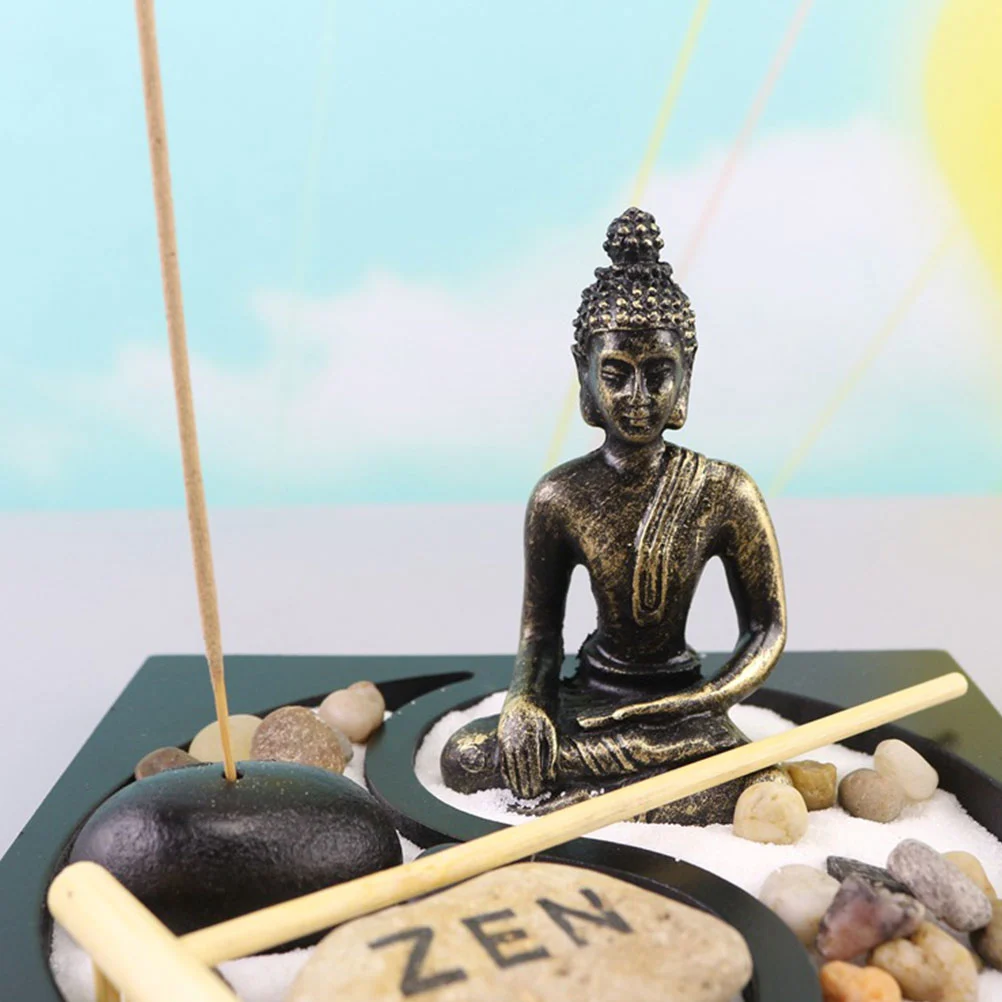 Buddha Statue Peaceful Feeling Meditation Zen Garden Office Desktop Mini Zen Garden Decorative Sand Tray For Home Office (Random Color Rake)