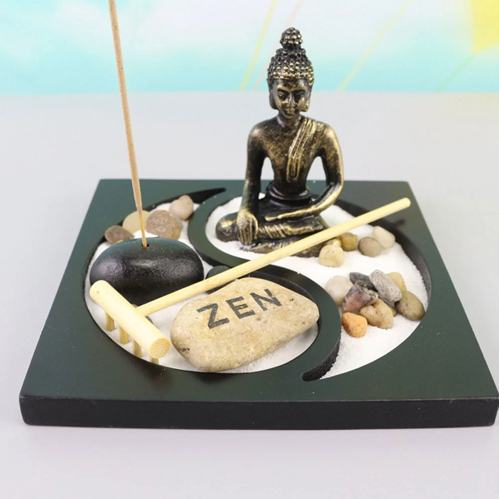 Buddha Statue Peaceful Feeling Meditation Zen Garden Office Desktop Mini Zen Garden Decorative Sand Tray For Home Office (Random Color Rake)