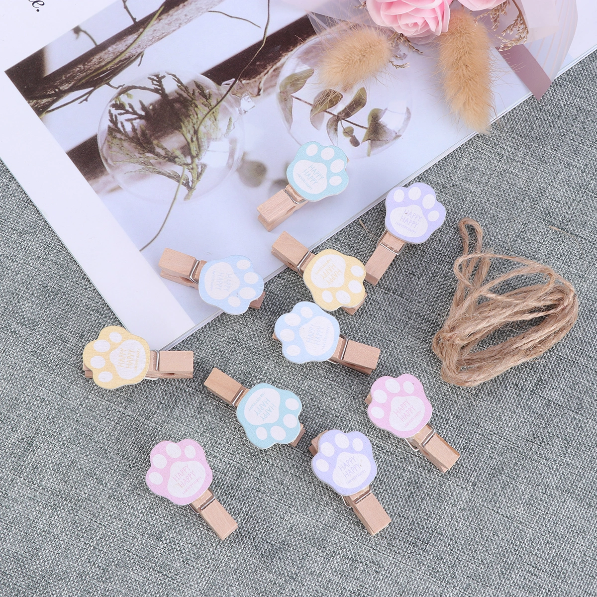 10pcs Wooden Clips Mini Adorable Clothespins Photo Craft Clips with Hemp Rope for Hanging Photos Painting Artwork (A33)