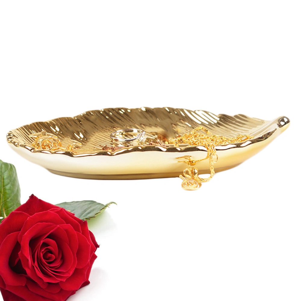 Golden Leaf Jewelry Dish Tray Handmade Ceramic Plate Jewelry Storage Ring Necklace Accessories Organizer for Home Desktop Decoration