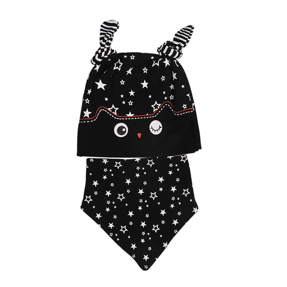 2pcs/set Unisex Baby Cartoon Owl Star Sleep Hat & Bandana Bib Saliva Towel (Black)