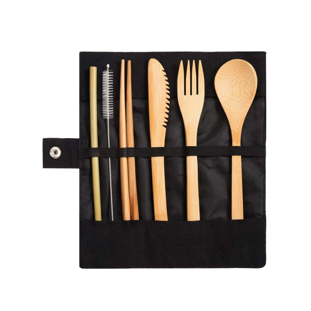 6PCS/Set Portable Bamboo Tableware Kit Eco-friendly Outdoor Flatware Travel Food Serving Cutlery - Black Canvas Bag
