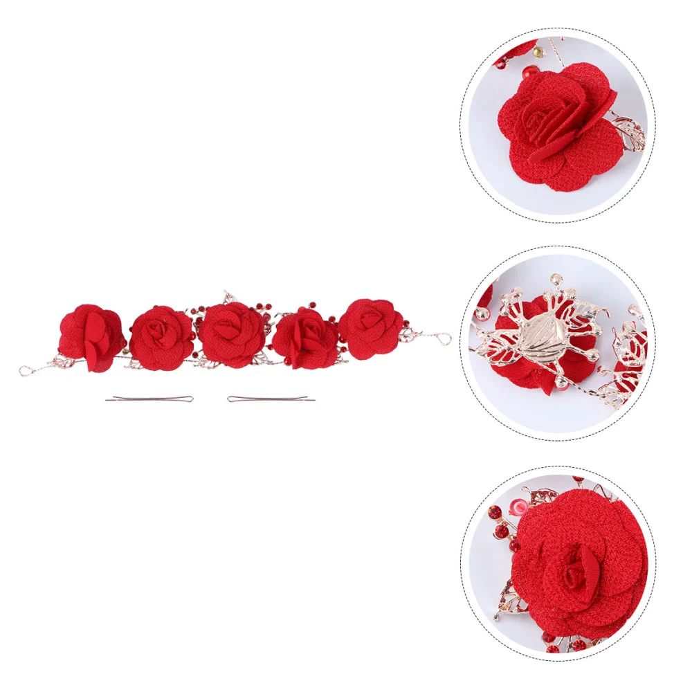 1Pc Artificial Silk Flower Headdress Rhinestone Bridal Hair Accessories (Red)