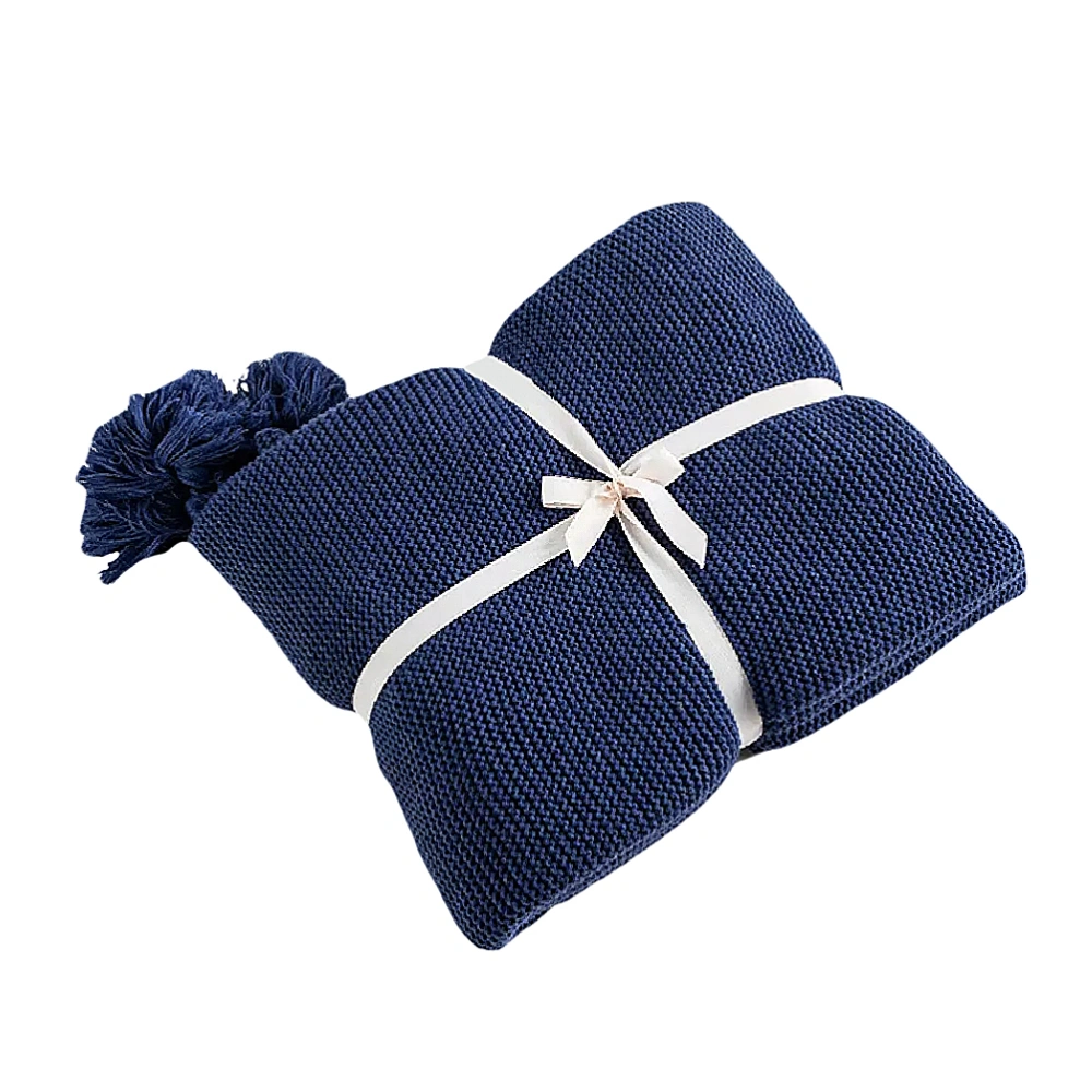 130x160cm Handmade Tassel Blanket Simple Bed Blanket Crochet Pure Color Sleeping Cover for Warm Keep (Dark Blue)