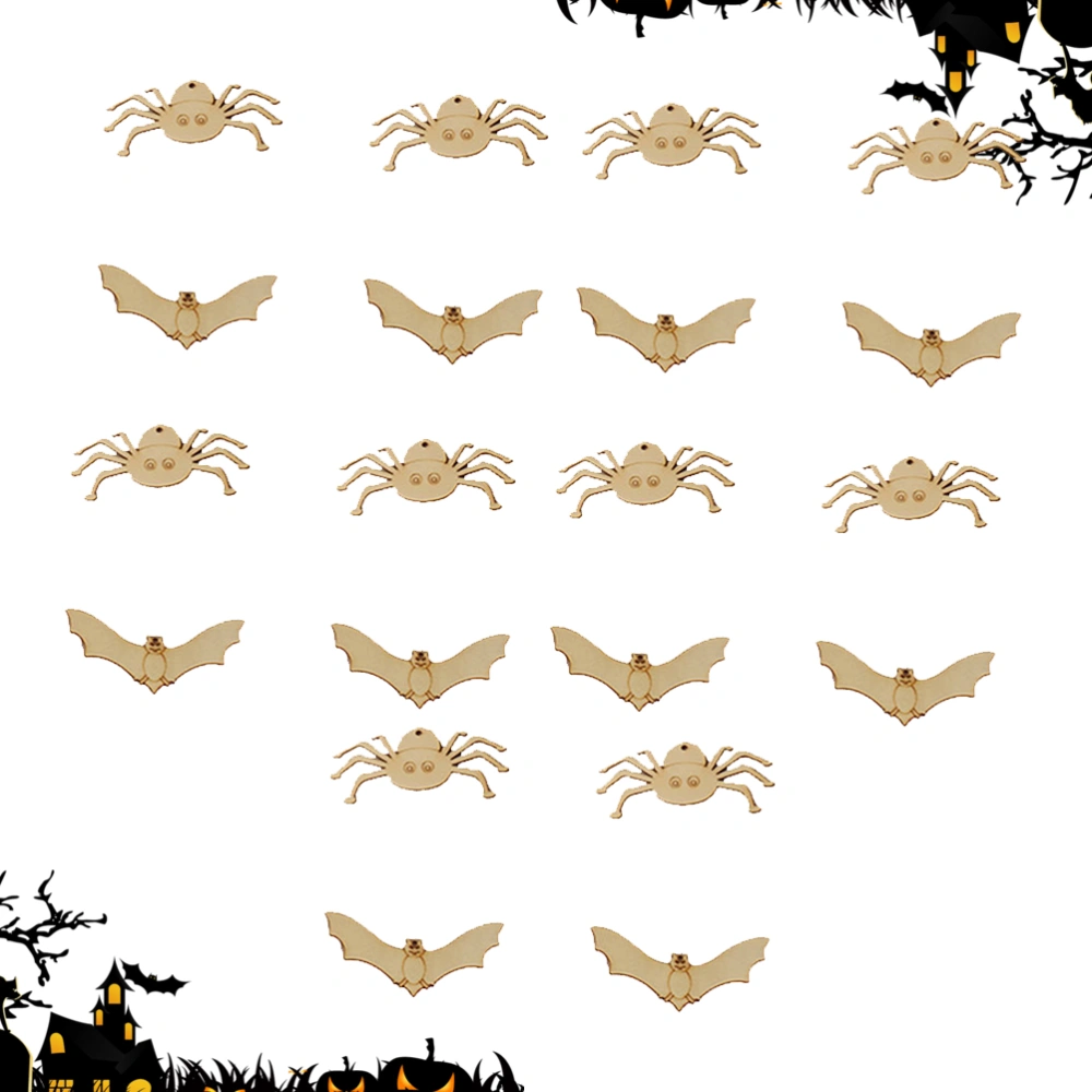 20PCS Wooden Crafts Halloween Pendant Puzzle Graffiti Wooden Chip for Mall Ghost Festival (10 Spider + 10 Bat)