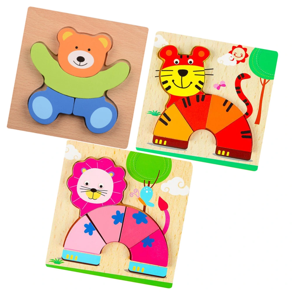 3pcs Wooden Children Cartoon Three-dimensional Puzzle Board Educational Toys for Kids Baby (Bear+Tiger+Lion)