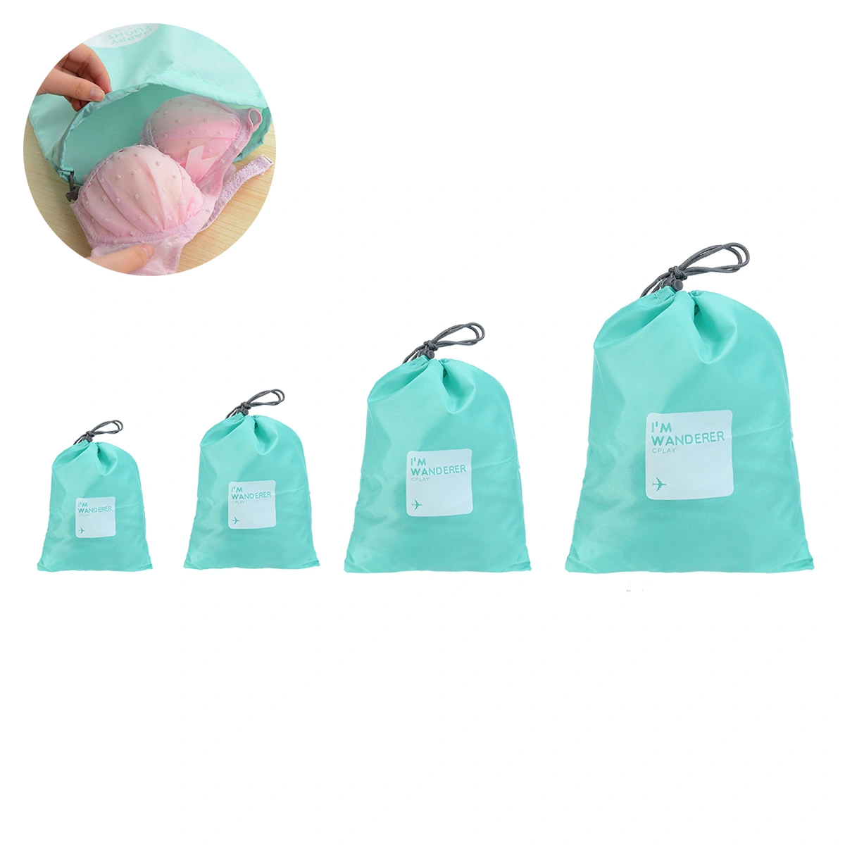 A Set of 4pcs Universal Outdoor Travel Waterproof Nylon Drawstring Storage Bags Pouches Organizers in Different Sizes (Sky-blue)