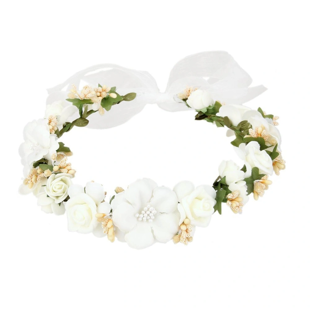 Flower Garland Handmade Wedding Party Ribbon Headband Wristband Hairband for Bridesmaid Wedding Accessory (White)