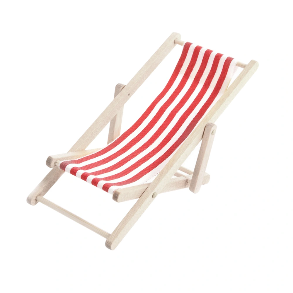 1 Set 1/12 Mini House Miniature Furniture Model Wooden Lounge Chair Beach Chair Set for Kids (Red 2pcs Lounge Chair and 1pc Foldable Beach Table)