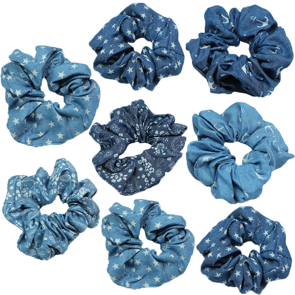 8PCS Denim Hair Scrunchies Hair Rings Hair Ropes Stretchy Hair Ties Hair Accessories Ponytail Holders for Women Ladies Girls (Random Style)