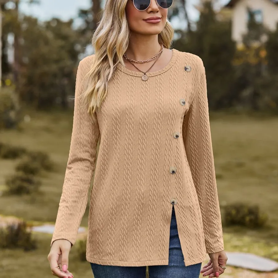 Women's Round Neck Button Split T-shirt Top