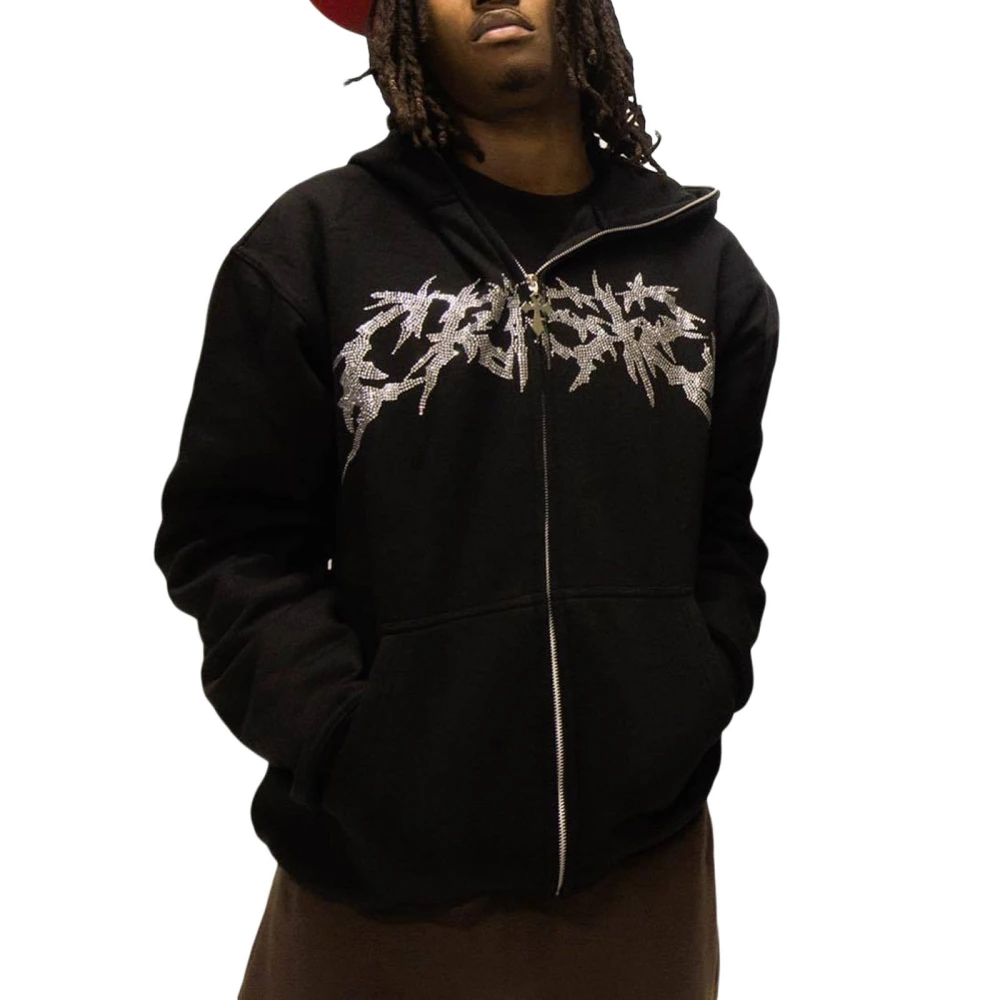 Men Women Hoodie, Long Sleeve Hot Fix Drill Zipper Closure Sweatshirt Jacket with Pockets