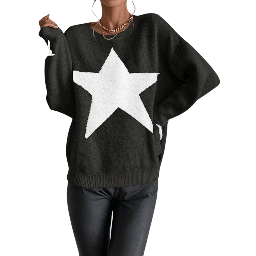 Women Pullover Sweater Tops Star Print Cute Soft Ribbed Long Sleeve Knitwear Fall Warm Streetwear