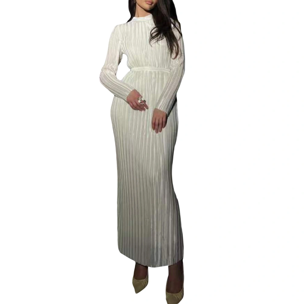 Women's Spring Autumn Long Dress Solid Color Long Sleeve Half High Neck Ruched Tie Up Dress