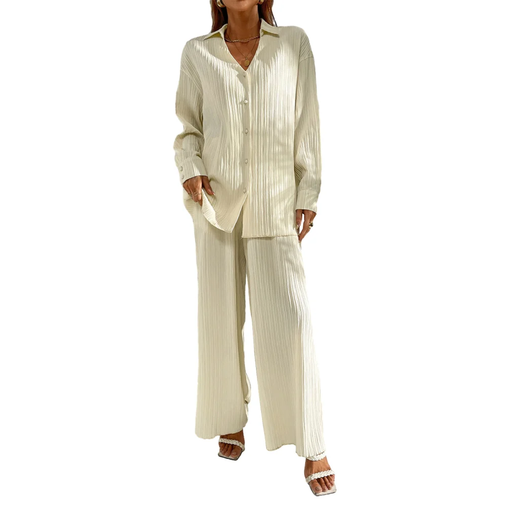 Women Pants Suit, Elegant Long Sleeve Shirt with Elastic Waist Pants Pleated Casual Outfit