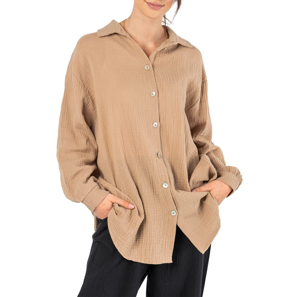 Women's Spring Fall Loose Shirt, Solid Color Long Sleeve Button Tops