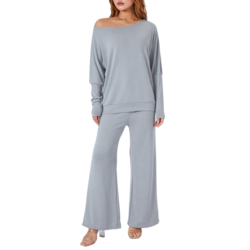 Women’s Two Piece Pajama Set Off Shoulder Knit Tops and Wide Leg Pants